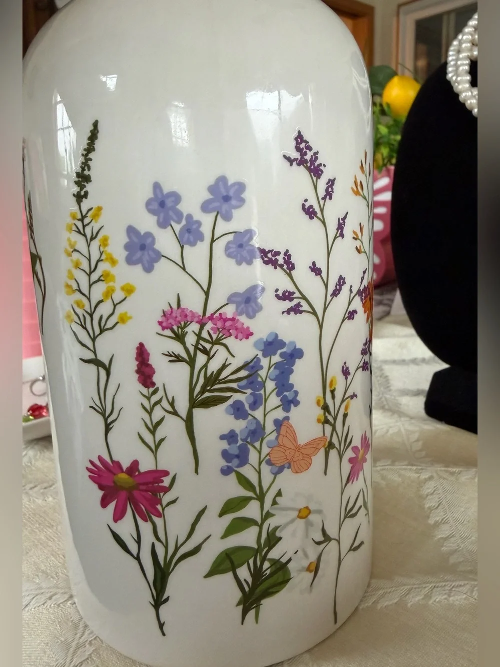 Dolly Parton White Ceramic Vase with Purple and Pink Wildflower Print, New